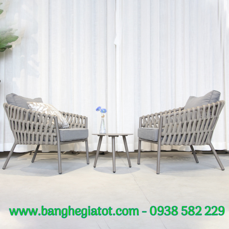 bàn ghế nhựa giả mây giá rẻ, Bộ bàn ghế khung nhôm sợi dù cho 2 người